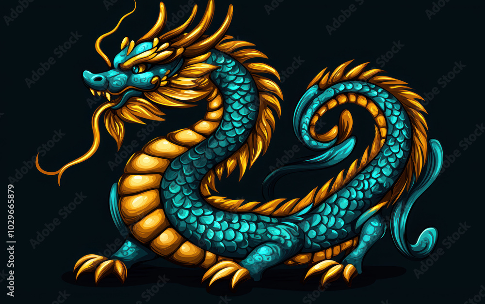 Fototapeta premium Vibrant dragon illustration with intricate scales and dynamic pose.