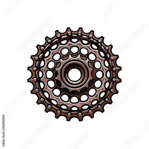 Vector illustration of a brown bicycle gear system with detailed teeth and a central hub.