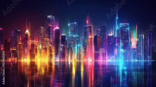 A vibrant cityscape at night with colorful neon lights reflecting on the water.