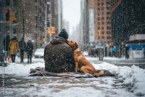 Back View of Homeless Man and His Dog Sitting Together in the Snow, Surrounded by the Bustle of the City photo