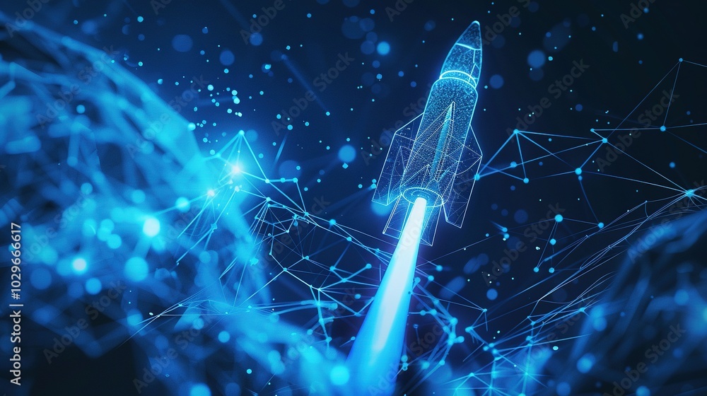 A glowing blue digital rocket soaring through a network of interconnected nodes