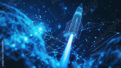 A glowing blue digital rocket soaring through a network of interconnected nodes photo