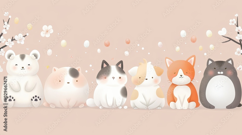 Naklejka premium A group of cute cats are sitting in a row on a pink background