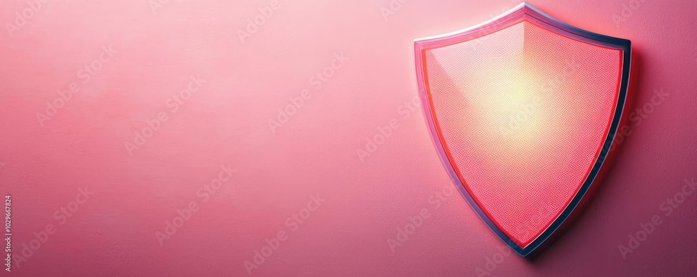 Red shield icon on a pink background, symbolizing security and protection. Red shield icon on a pink background, symbolizing security and protection.