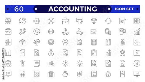 Accounting and audit outline icons set. Related to accounting, audit, taxes. Outline icon collection. Containing economy, business, financial, management, tax, transaction, calculation icon.