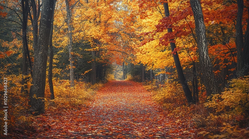 Fototapeta premium Autumn Pathway Through Vibrant Forest Leaves