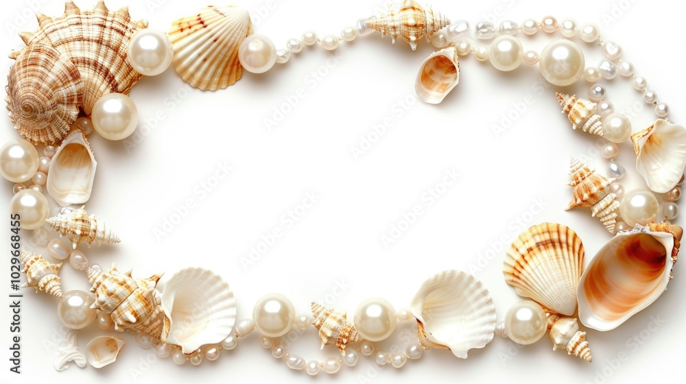 Obraz premium A blue background with a variety of shells and pearls