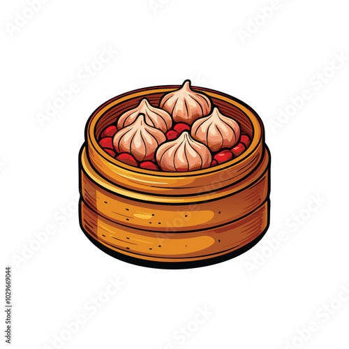 A vector style illustration of shrimp and pork siu dumplings in a bamboo steamer.