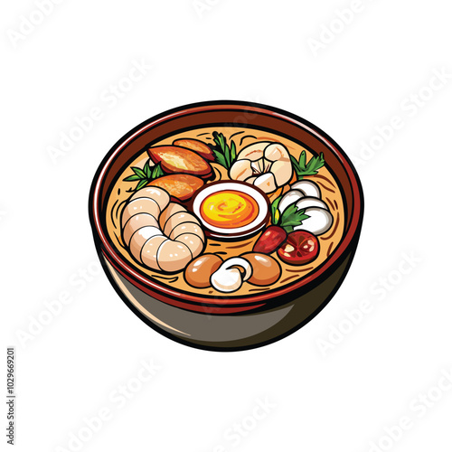 Vector illustration of a bowl of seafood congee with shrimp, egg, mushrooms, and cilantro.