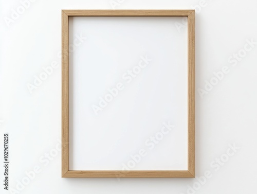 Minimalist wooden frame on a plain wall, ready for art or photo display. photo