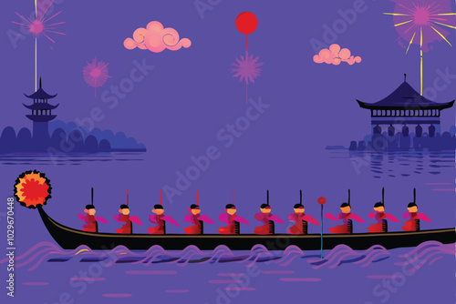 Vibrant dragon boat race on a river under a dusk sky with fireworks and traditional buildings in the background.