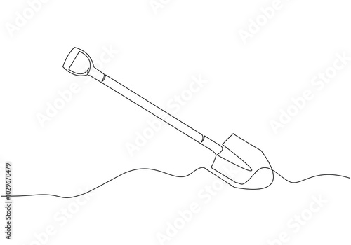 Continuous single line sketch drawing of shovel used in agricultural and plantation work activity one line vector illustration