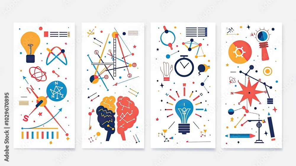 A set of four posters with various symbols and shapes, including a light bulb A set of four posters with various symbols and shapes, including a light bulb