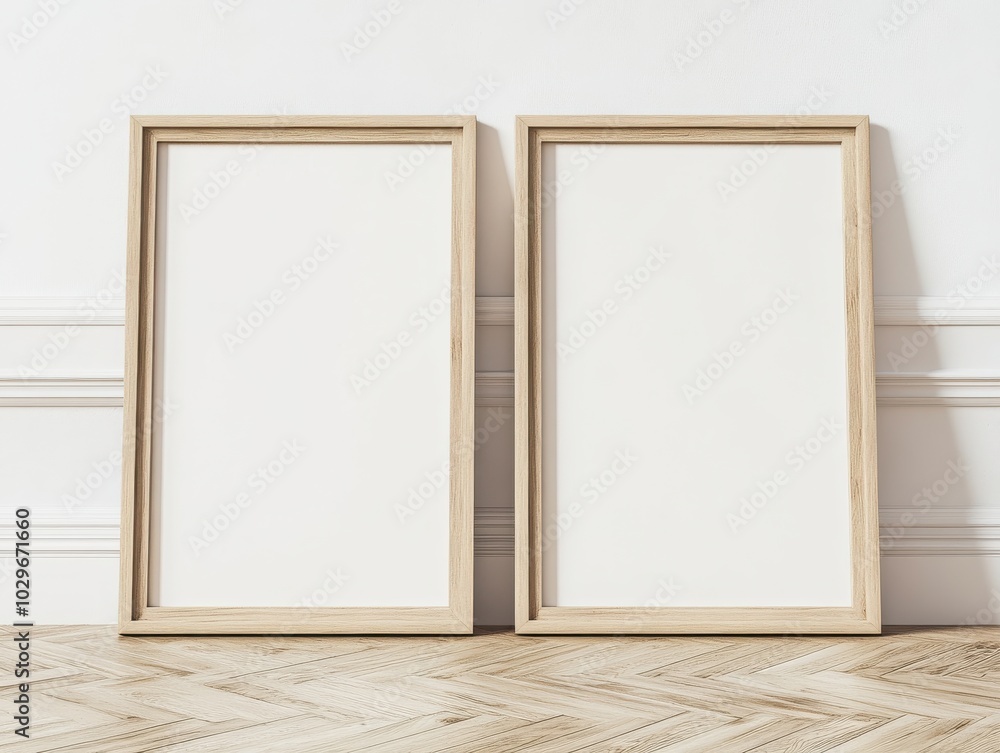 Two wooden frames stand upright in a minimalistic, bright room with wooden flooring. Two wooden frames stand upright in a minimalistic, bright room with wooden flooring.