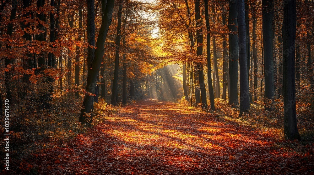 Fototapeta premium Serene Autumn Forest Path with Golden Leaves