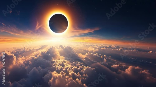 A total solar eclipse is seen over the clouds, with the moon blocking the sun photo