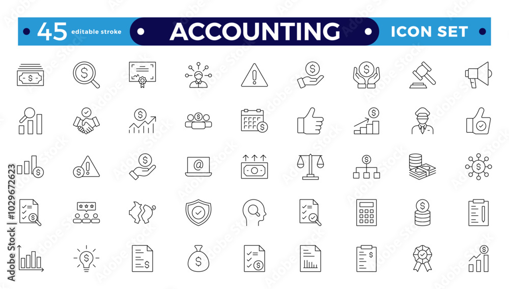 Accounting and audit outline icons set. Related to accounting, audit, taxes. Containing economy, business, financial, management, tax, transaction, and calculation icon. Editable stroke outline icon.
Accounting and audit outline icons set. Related to accounting, audit, taxes. Containing economy, business, financial, management, tax, transaction, and calculation icon. Editable stroke outline icon.