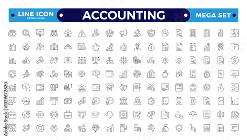 Accounting and audit outline icons set. Related to accounting, audit, taxes. Containing economy, business, financial, management, tax, transaction, and calculation icon. Editable stroke outline icon.
