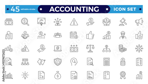 Accounting and audit outline icons set. Related to accounting, audit, taxes. Containing economy, business, financial, management, tax, transaction, and calculation icon. Editable stroke outline icon.
