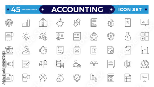 Accounting and audit outline icons set. Related to accounting, audit, taxes. Containing economy, business, financial, management, tax, transaction, and calculation icon. Editable stroke outline icon.
