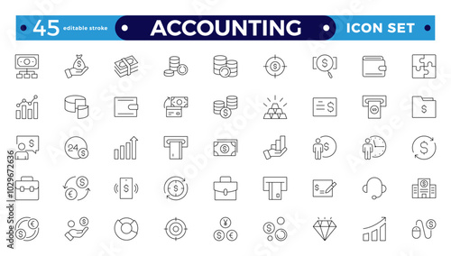 Accounting and audit outline icons set. Related to accounting, audit, taxes. Containing economy, business, financial, management, tax, transaction, and calculation icon. Editable stroke outline icon.
