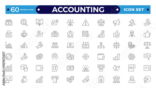 Accounting and audit outline icons set. Related to accounting, audit, taxes. Containing economy, business, financial, management, tax, transaction, and calculation icon. Editable stroke outline icon.
