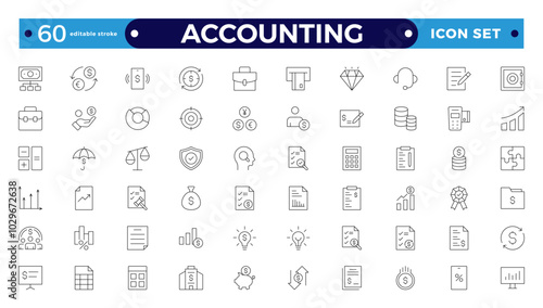 Accounting and audit outline icons set. Related to accounting, audit, taxes. Containing economy, business, financial, management, tax, transaction, and calculation icon. Editable stroke outline icon.
