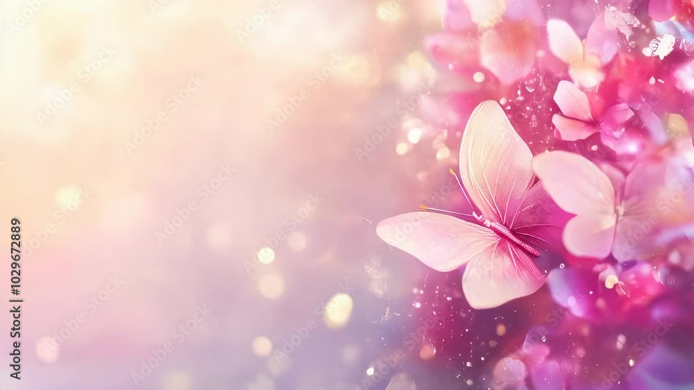 Pink butterflies dance gently in a dreamy floral backdrop, creating a whimsical atmosphere filled with pastel colors and light Pink butterflies dance gently in a dreamy floral backdrop, creating a whimsical atmosphere filled with pastel colors and light