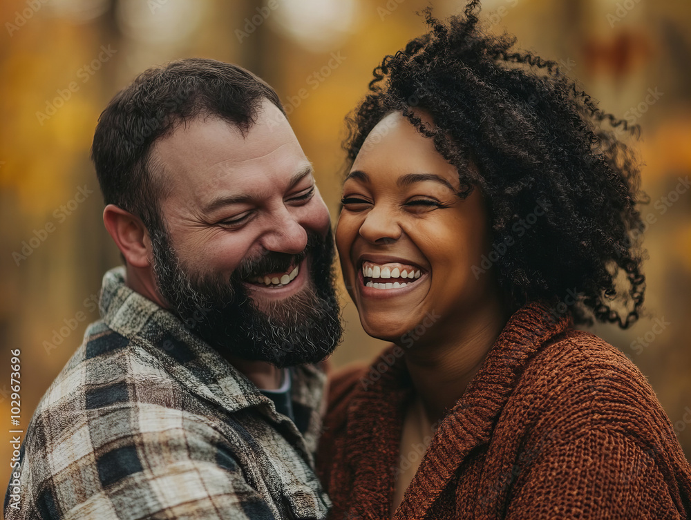 Joyful couple laughing together in a colorful autumn forest during a sunny day Joyful couple laughing together in a colorful autumn forest during a sunny day