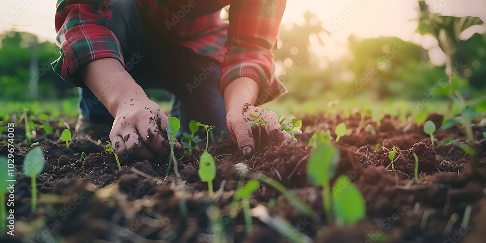Fototapeta premium Close up of farmer hands planting seedlings in the garden