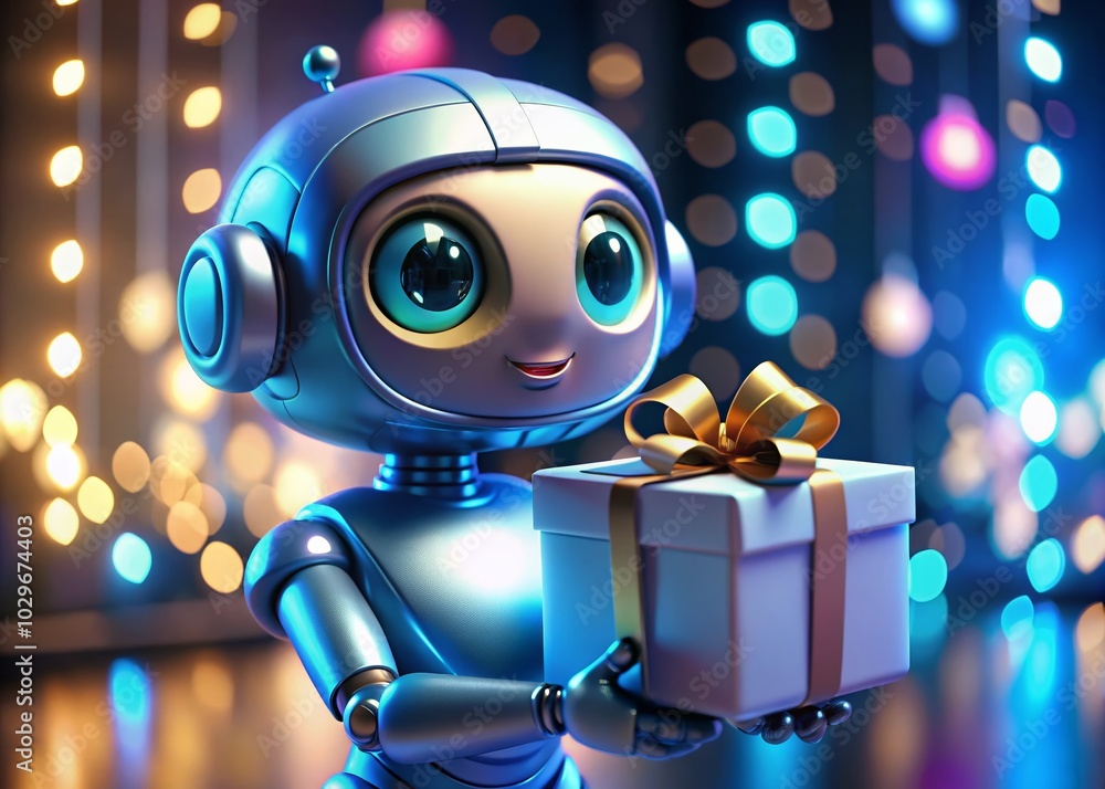 Adorable Blue Robot Presenting Gift Box in 3D - Cute Robot Art for Digital Creations Adorable Blue Robot Presenting Gift Box in 3D - Cute Robot Art for Digital Creations
