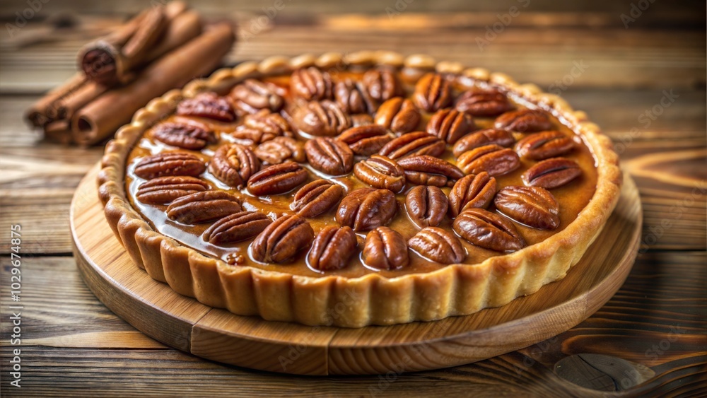 Whole pecan pie on wooden board with cinnamon sticks Whole pecan pie on wooden board with cinnamon sticks