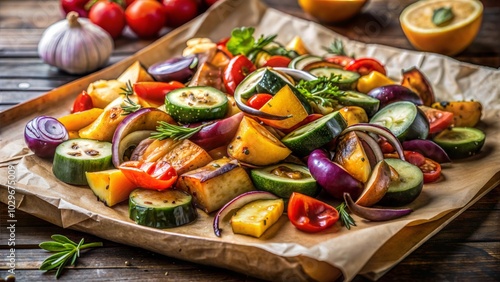 Roasted vegetable medley with herbs on parchment paper