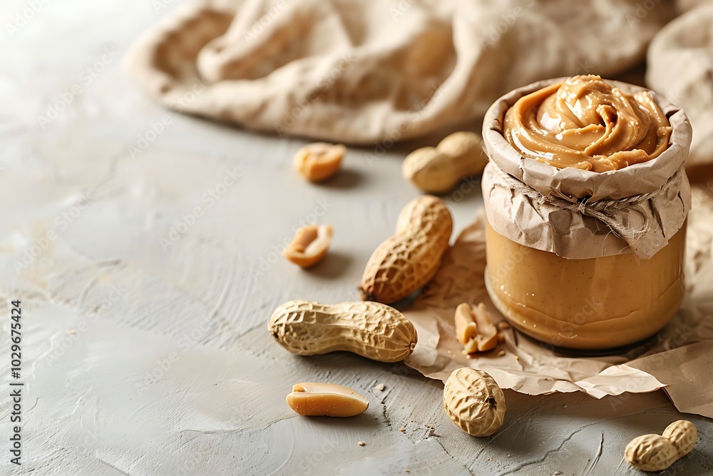 Delicious peanut butter in jar with peanuts on the table Delicious peanut butter in jar with peanuts on the table