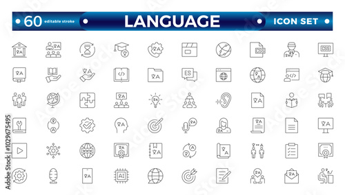 Language web outline icon set. Language translation, linguistics, speaking, dictionary, listening skills, writing, communication, translate, speech, non-verbal, writing. Editable stroke outline icon.
