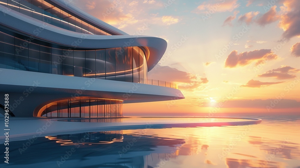 Fototapeta premium Modern Architecture with Infinity Pool Overlooking a Sunset