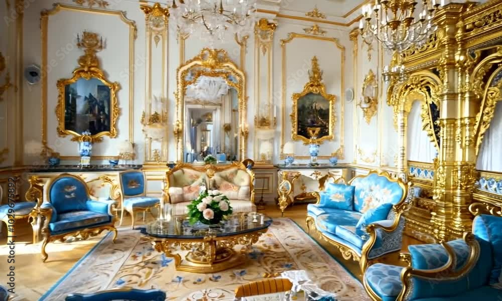 An elegant Rococo-inspired living room featuring a blue and gold color ...