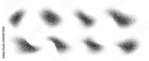 Fluid halftone shapes, abstract liquid stipple forms, black splatter shadows isolated on white. Vector design element.