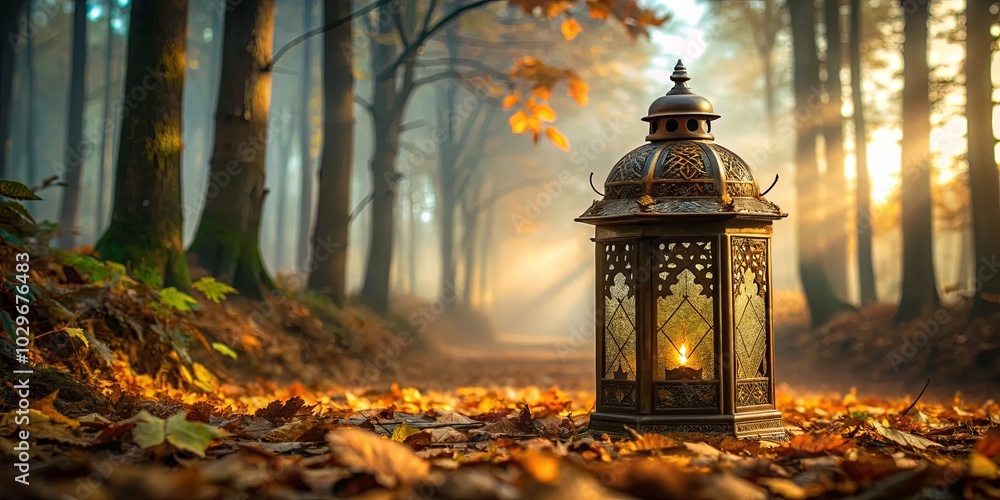 A lantern with intricate details stands on a path of fallen leaves, casting a warm glow amidst the misty forest.