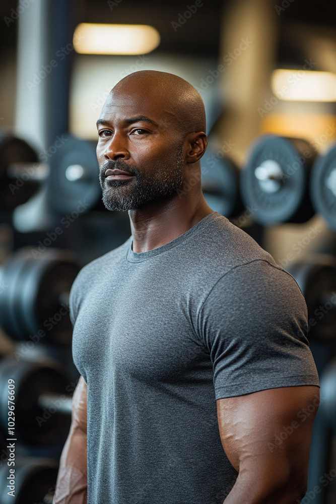 A man with a bald head in a blank gray t-shirt, standing in a gym, lifting weights, front view, focused expression. A man with a bald head in a blank gray t-shirt, standing in a gym, lifting weights, front view, focused expression.