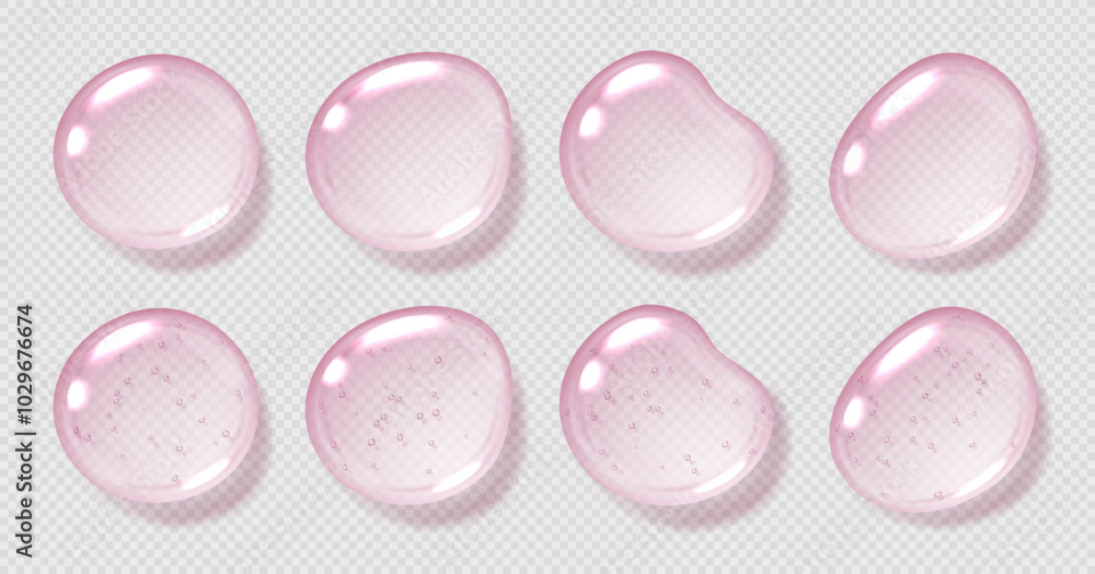 Pink serum drops, transparent gel droplets, realistic glossy liquid, moisturizing cosmetic product, hyaluronic acid concept. Vector illustration.