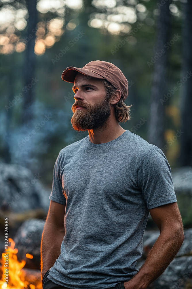 A man with a beard in a blank gray t-shirt, standing by a campfire, forest in the background, side view, outdoor adventure. A man with a beard in a blank gray t-shirt, standing by a campfire, forest in the background, side view, outdoor adventure.