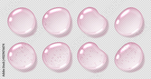 Obraz na płótnie Pink serum drops, transparent gel droplets, realistic glossy liquid, moisturizing cosmetic product, hyaluronic acid concept. Vector illustration. w salonie