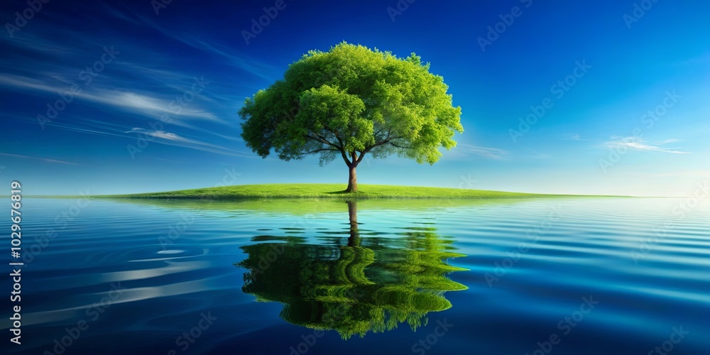 A solitary tree stands on a grassy knoll, its reflection dancing on the surface of a tranquil body of water, the sky above a canvas of vibrant blue with wispy clouds A solitary tree stands on a grassy knoll, its reflection dancing on the surface of a tranquil body of water, the sky above a canvas of vibrant blue with wispy clouds