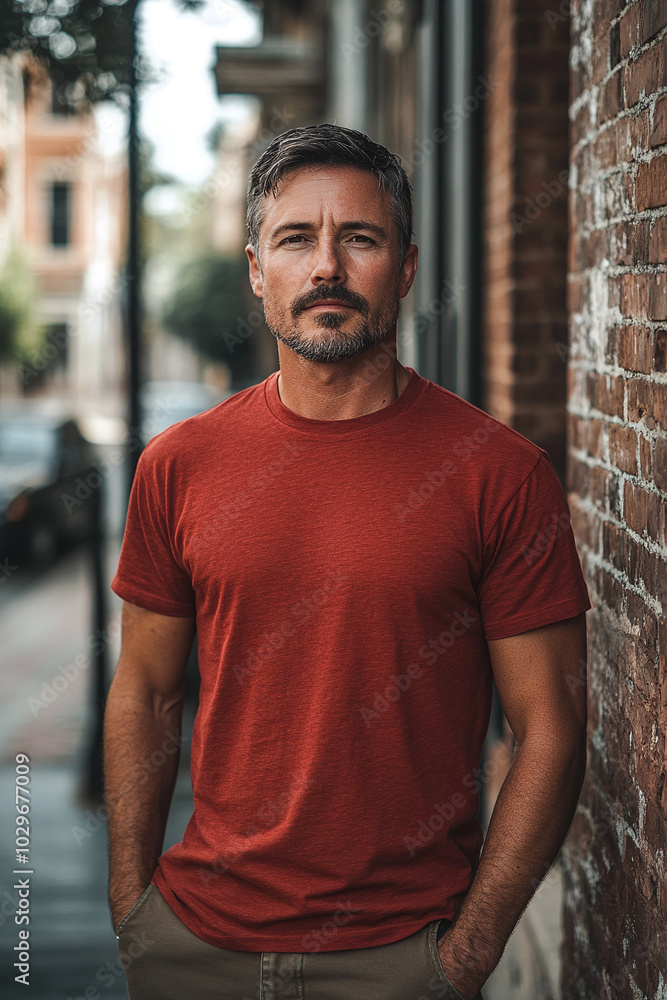 A man with a goatee in a blank red t-shirt, standing in front of an old brick building, front view, historic setting. A man with a goatee in a blank red t-shirt, standing in front of an old brick building, front view, historic setting.