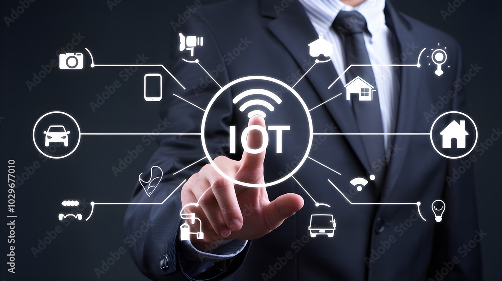 Man in Suit Pointing to Digital Technology and IoT Concept on Dark Background Man in Suit Pointing to Digital Technology and IoT Concept on Dark Background