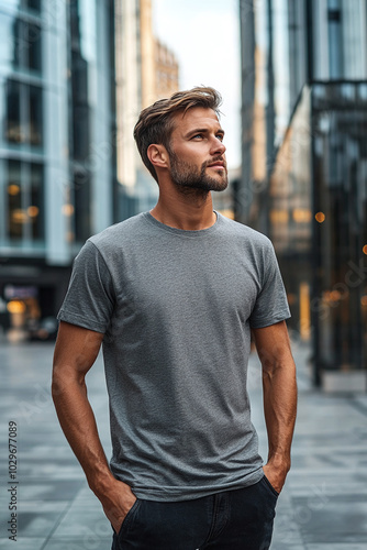 A man with a trimmed beard in a blank gray t-shirt, standing in an urban plaza, modern architecture around, side view, confident stance.