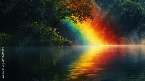 Rainbow Reflection in a Misty Lake