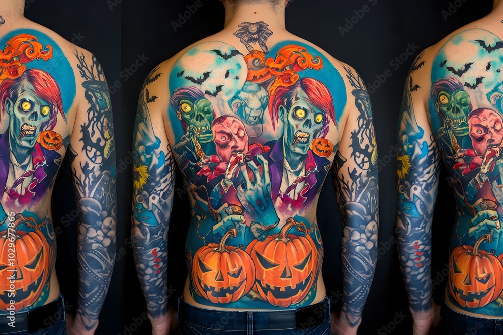 Vibrant Full Body Halloween Tattoo Design with Spooky Supernatural Elements Vibrant Full Body Halloween Tattoo Design with Spooky Supernatural Elements