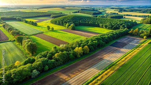 Aerial View of a Lush Green Landscape with Rolling Fields and Woodlands, Divided by Straight Lines and Paths, Bathed in Warm Sunlight